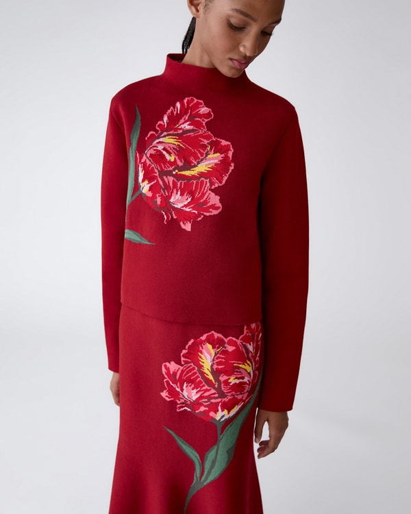 Floral Jacquard Funnel Neck Sweater